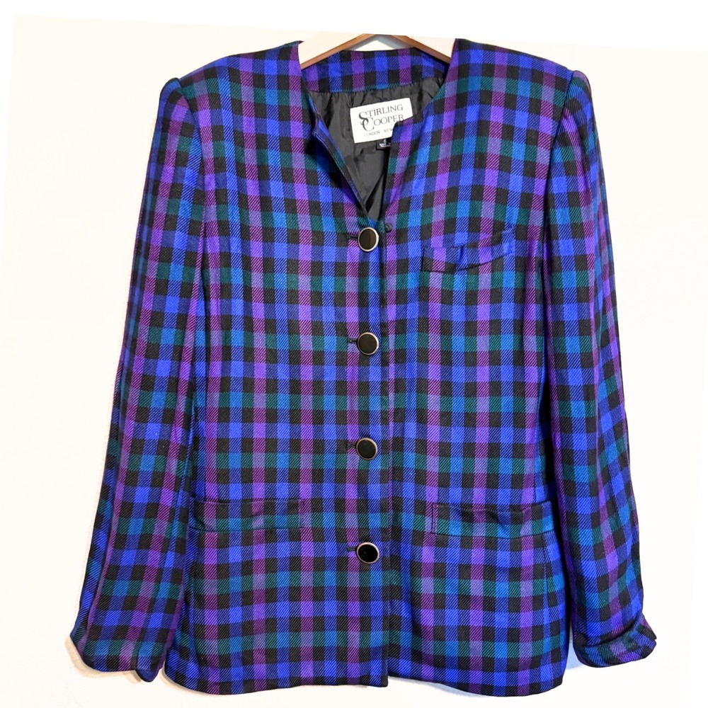 Stirling Cooper Plaid‎ Blazer Jacket Women's Size 6 Blue Purple Green